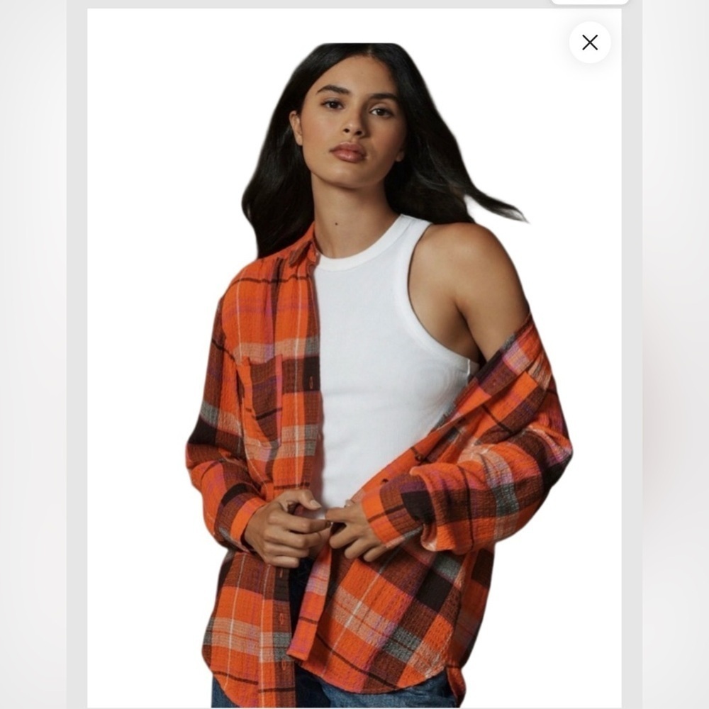 Anthropologie Pilcro Relaxed Orange Plaid oversized, gauzy button-down shirt